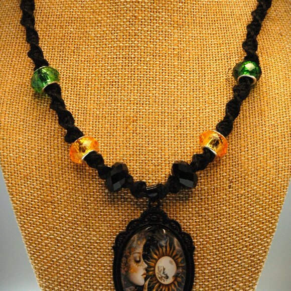 Celestial Crescent Moon & Sun on a 17" Handmade Black Hemp Necklace - Picture 3 of 5